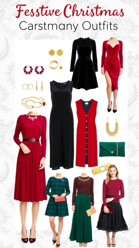 A stylish display of various Christmas party outfits including dresses, jumpsuits, and accessories.
